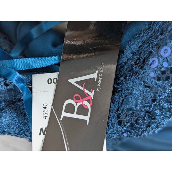 B&A by Betsy & Adam V Neck Gown Peacock Maxi Size 14W Sequin Lace Sleeves - Picture 6 of 7